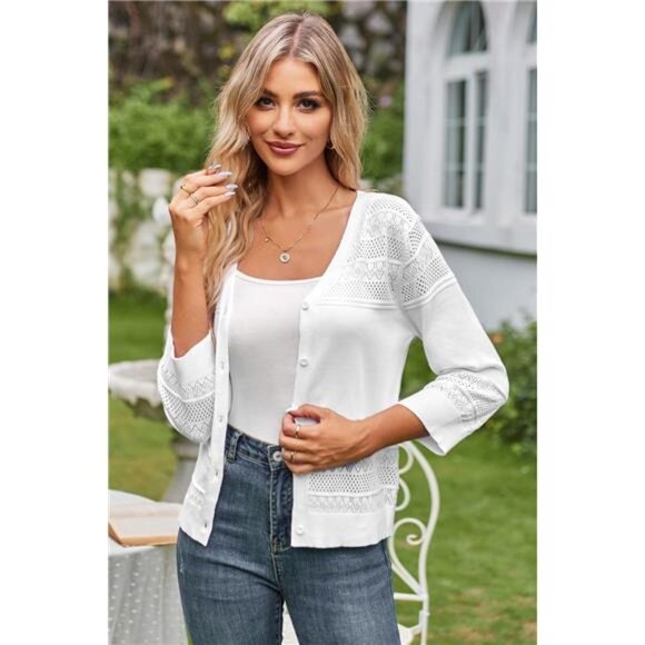 Women's 2024 Cropped Cardigan 3/4 Sleeve Lightweight Crochet Shrug Hollowed - Picture 2 of 6